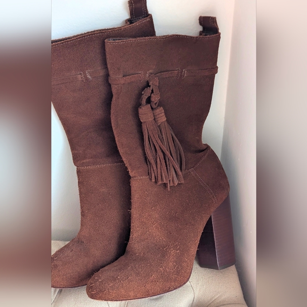 Vince Camuto Suede Tassel Heeled Boots - Brown
